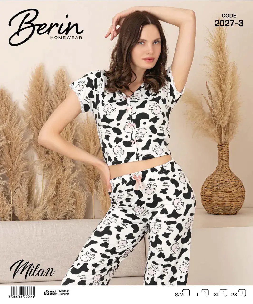 Berin 2027-3 (M-L-XL-XXL) Bayan Krop Kısa Kollu Milan Kapri Pijama Takımı