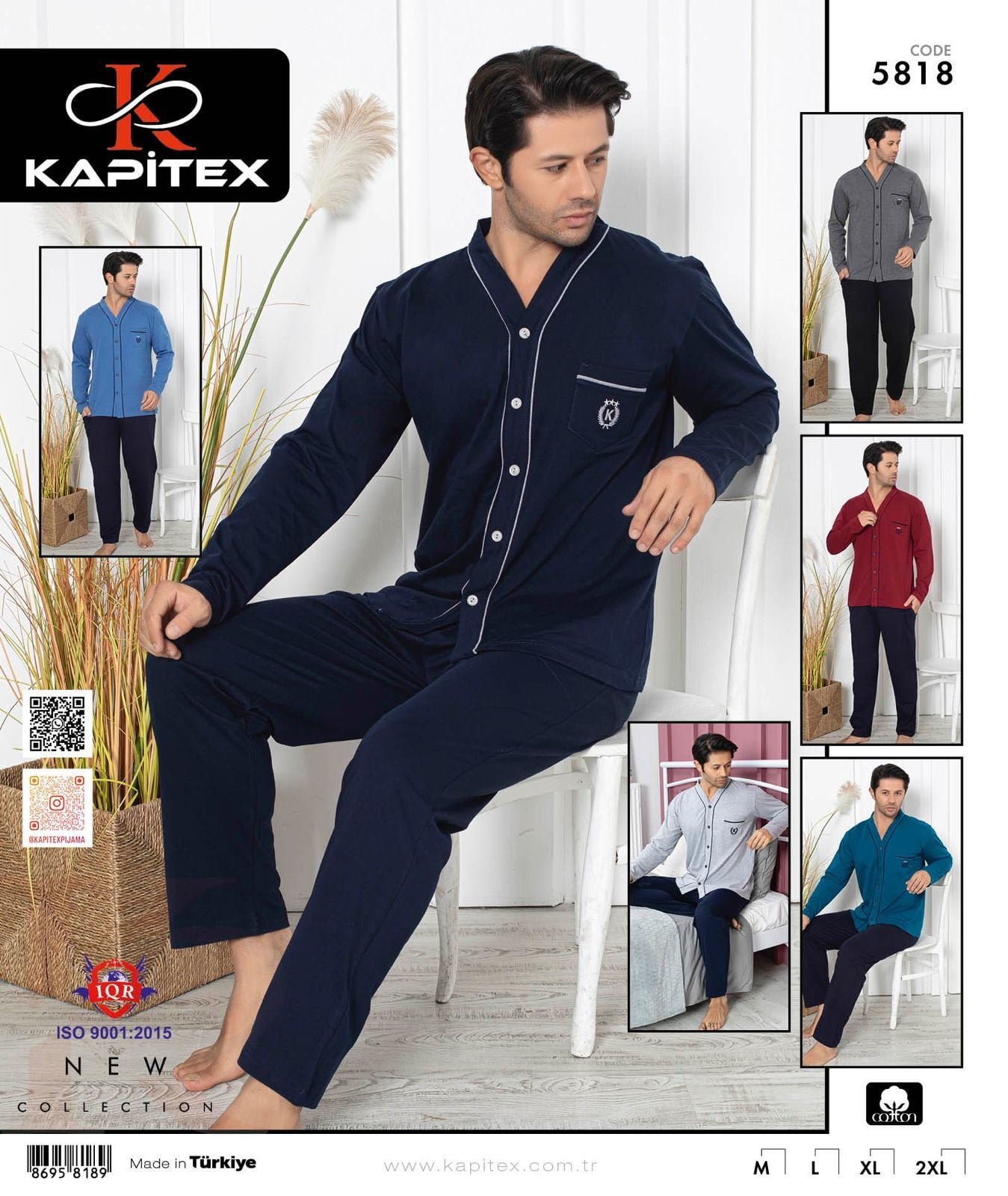 Kapitex 5818 (M-L-XL-XXL) Erkek Uzun Kol Boydan Düğmeli Pijama Takım