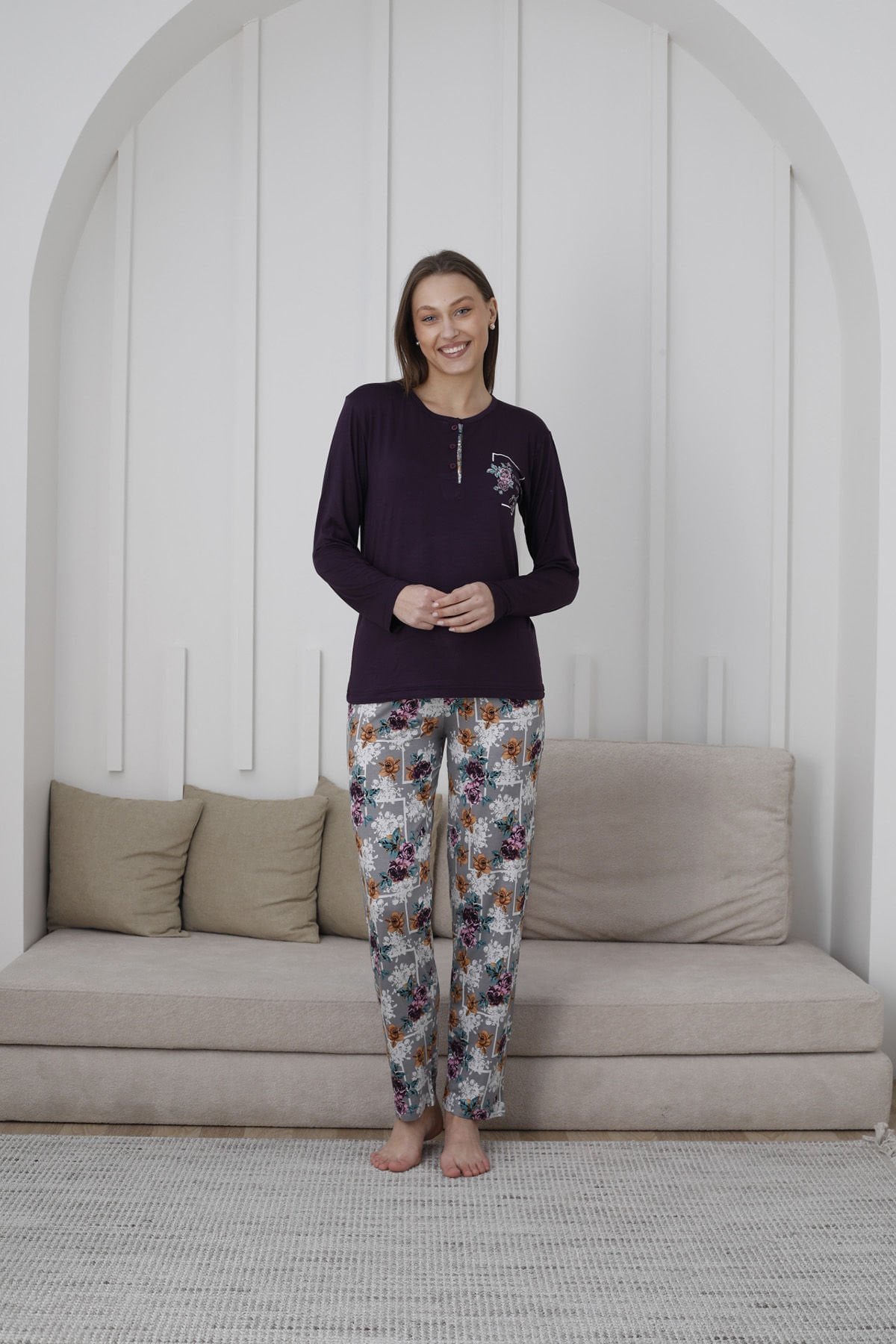 Kapitex 59108 Bambu Ring Viskon Bayan Uzun Kol Pijama Takım