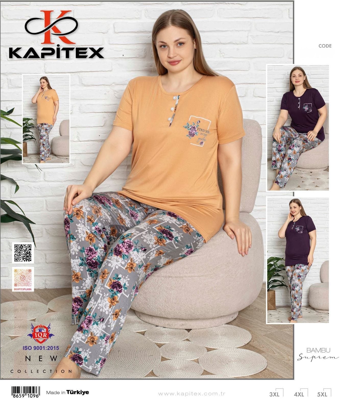Kapitex 59109 Bambu Ring Viskon Battal Beden Bayan Uzun Kol Pijama Takım