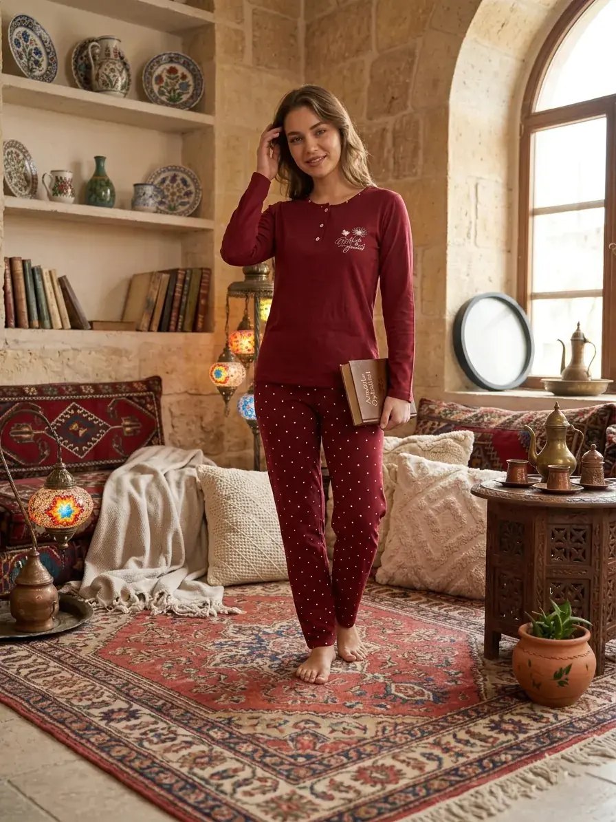 Kapitex 59193 (M-L-XL-XXL) Likralı Milan Bayan Uzun Kollu Pijama Takım