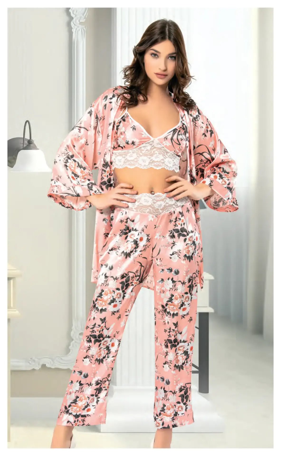 Miss Laris 5023 (M-L-XL) Bayan Üçlü Saten Takım
