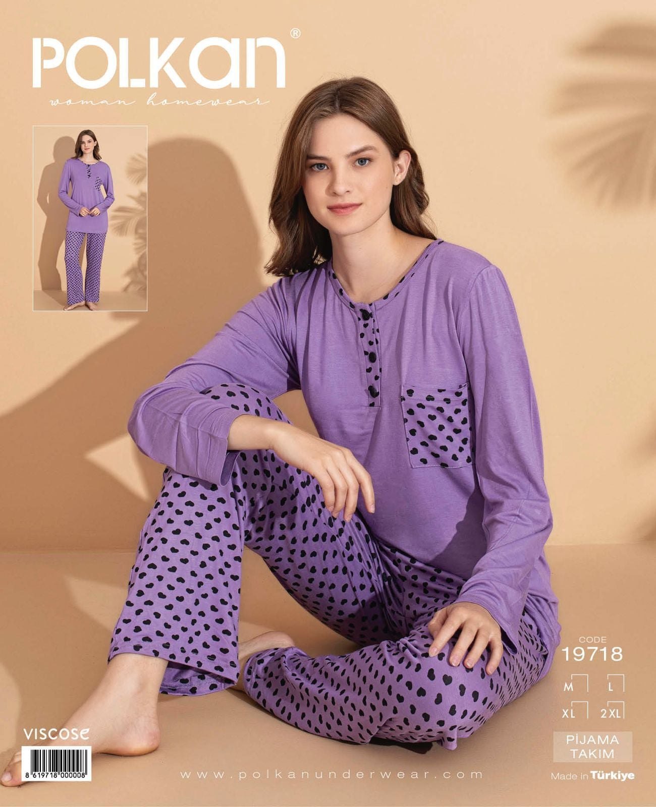 Polkan 19718 (M-L-XL-XXL) Viskon Uzun Kollu Bayan Pijama Takım