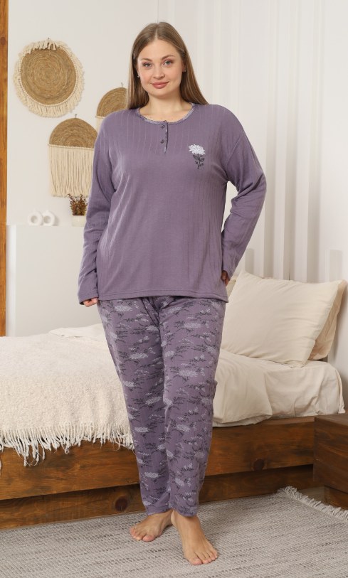 Glisa 4571 Viskon Düğmeli Uzun Kol Battal Bayan Pijama Takım
