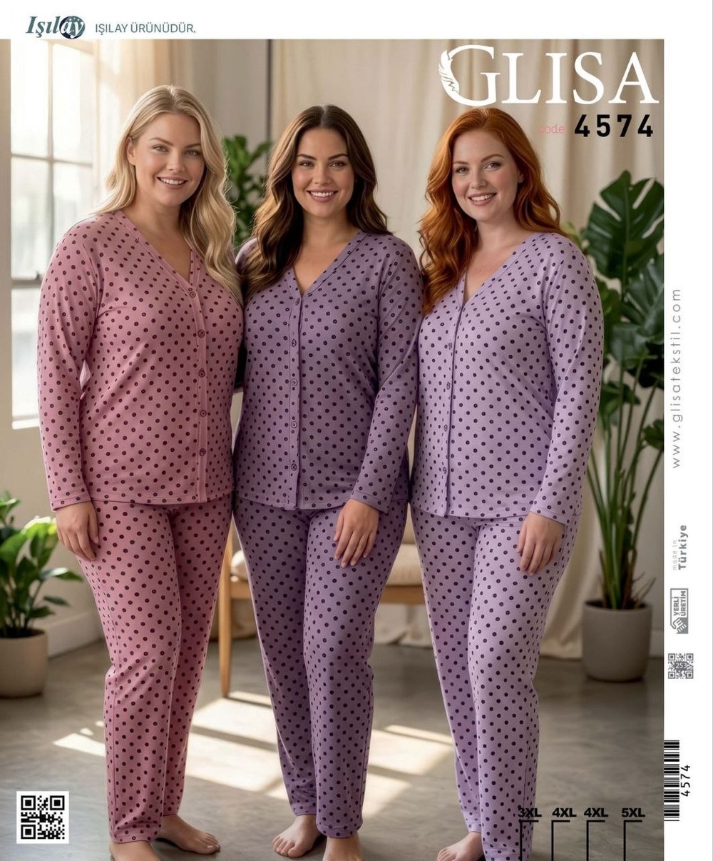 Glisa 4574 Viskon Uzun Kol Düğmelli Battal Bayan Pijama Takım