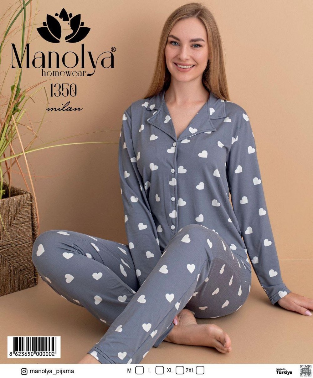 Manolya Milan Düğmeli Uzun Kol Pijama Takım + Kod