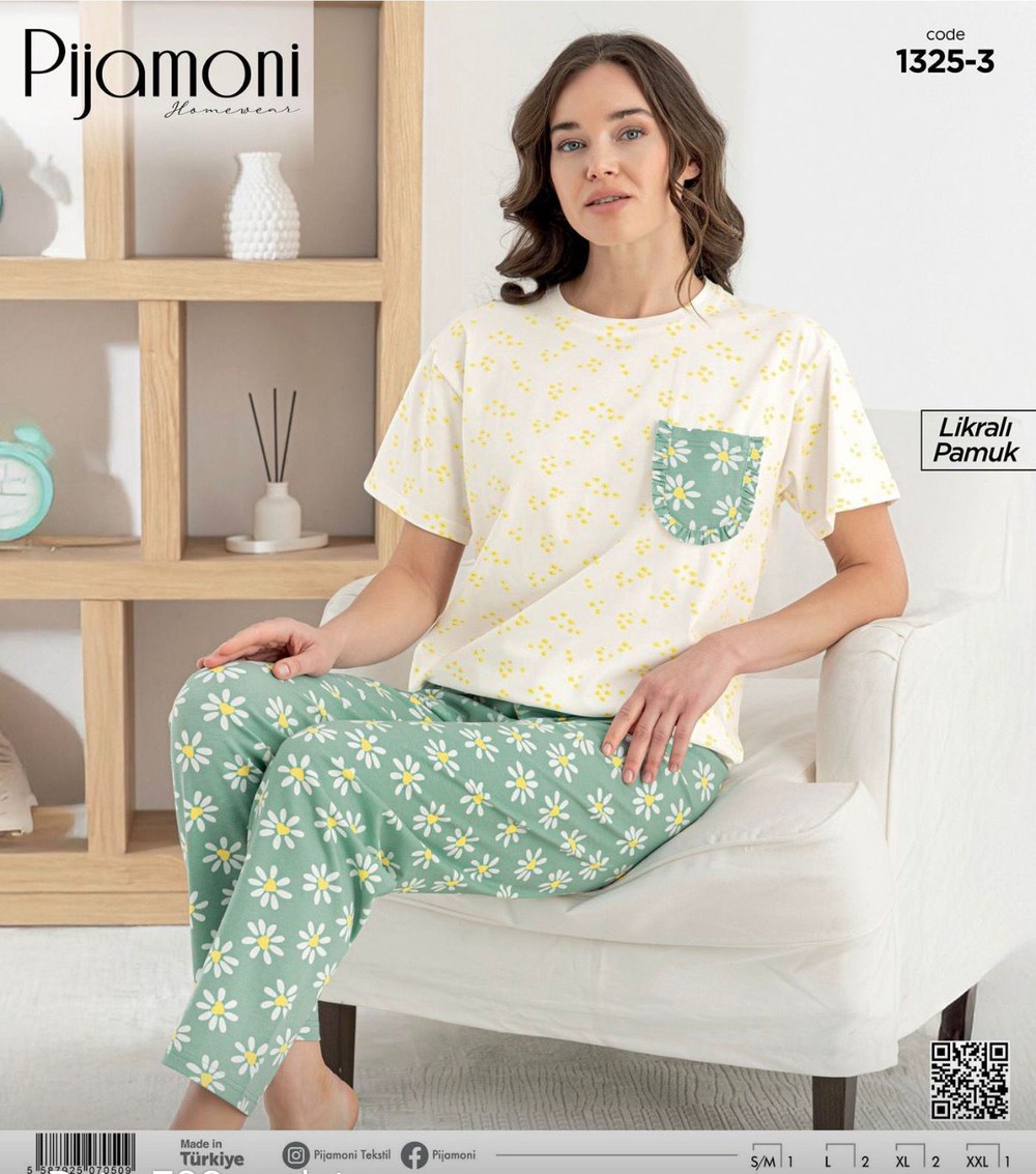 Pijamoni 1325 Likralı Pamuk Kısa Kol Bayan Pijama Takım Kod