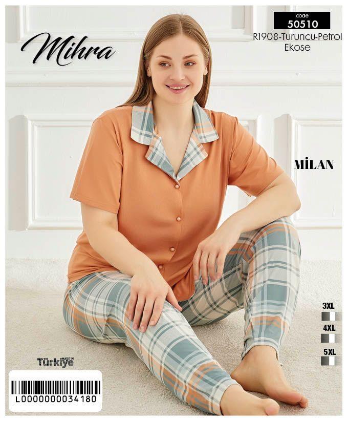 Mihra 50510-50501 Milan Battal Beden Önü Düğmeli Kısakol Kadın Pijama Takım Kod