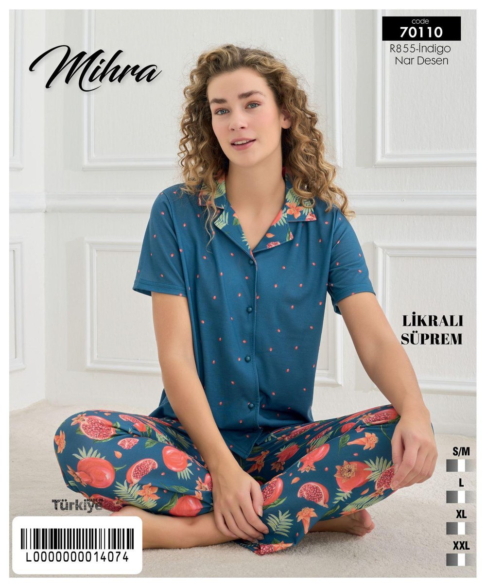 Mihra 70110 Likralı Süprem Kadın Kısakol Düğmeli Pijama Takım Kod