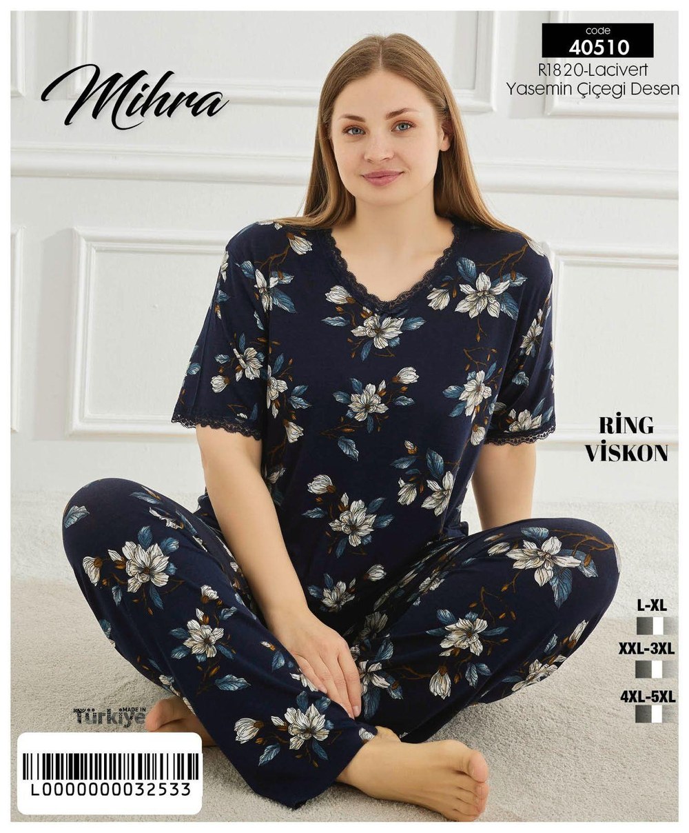 Mihra 40510 Ring Viskon Battal Kısakol Altı Uzun Pijama Takım + Kod