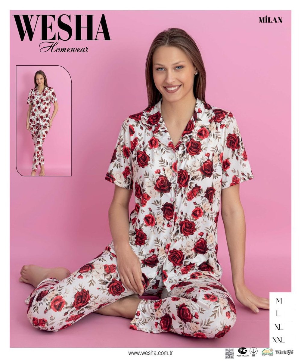 Weşha Milan Kumaş Düğmeli Kısakol Kadın Pijama Takım Kod