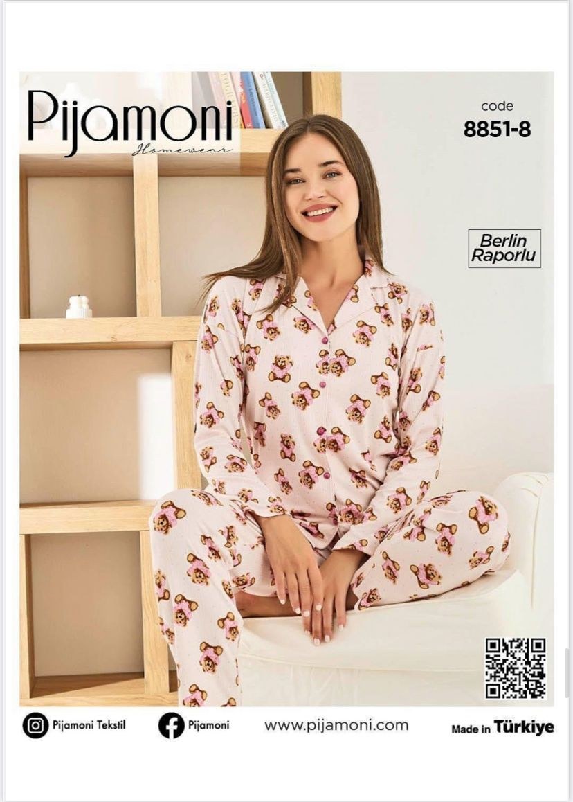 Pijamoni 8851 Berlin Raporlu Düğmeli Pijama Takım Kod