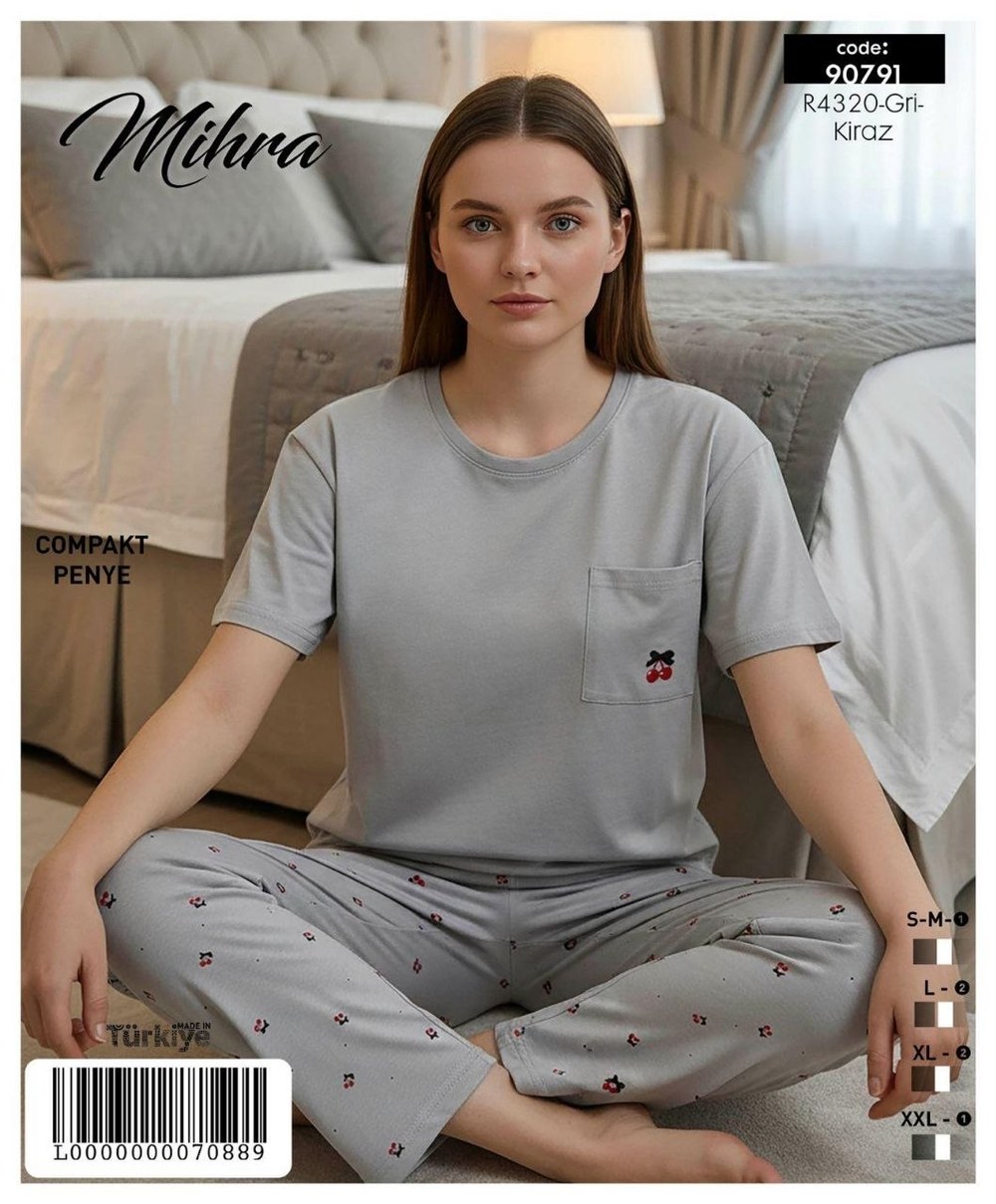 Mihra 90791 Compakt Penye Kısa Kol Cepli Bayan Pijama Takım Kod