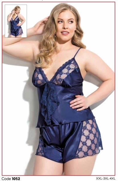 Primoda 1052 Saten Battal Babydoll Şort Takım