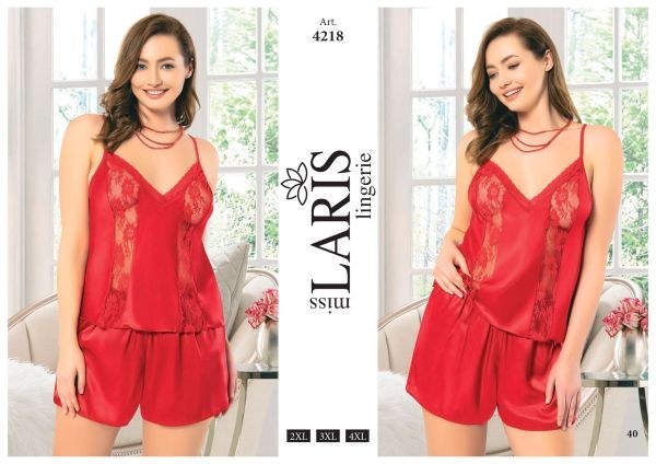 Miss Laris 4218 Big Size Saten Şort Takım Kırmızı