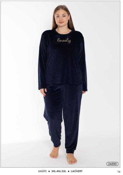 Estiva 24393 Bayan Kadife Düz Battal Pijama Takım