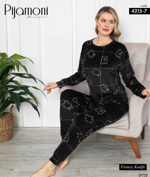 Pijamoni 4215-7 Baskılı Kadife Pijama Takım