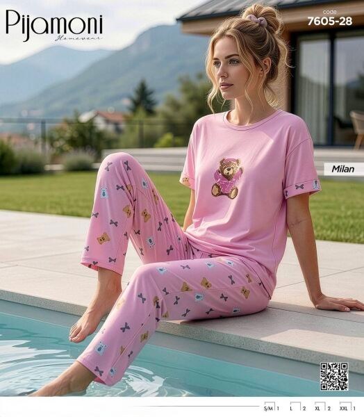 Pijamoni 7605-28 Bayan Kısa Kol Milan Pijama Takım