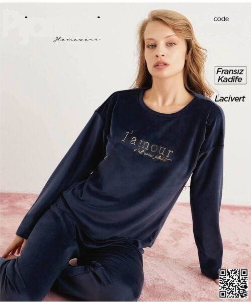 Pijamoni 4205-4 Fransız Kadife Pijama Takım