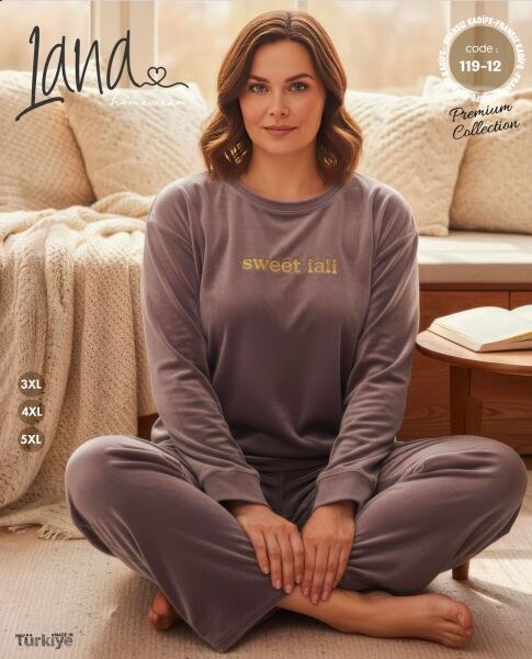 Lana 119-12 Kadife Bisiklet Yaka Battal Pijama Tk
