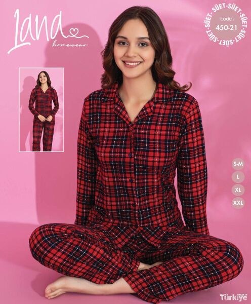 Lana 450-21 Bayan Süet Düğmeli Pijama Takımı