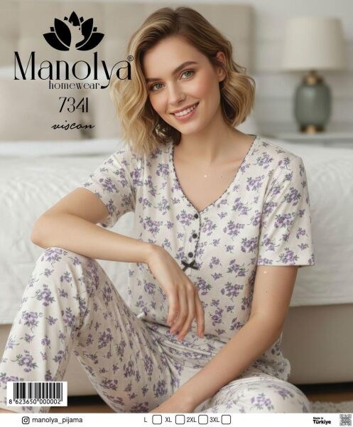 Manolya 7341 Bayan Viskon Gömlek Kısakol Pijama Tk