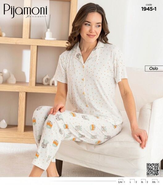 Pijamoni 1945-1 Bayan Oslo Gömlek K.Kol Pijama Tk