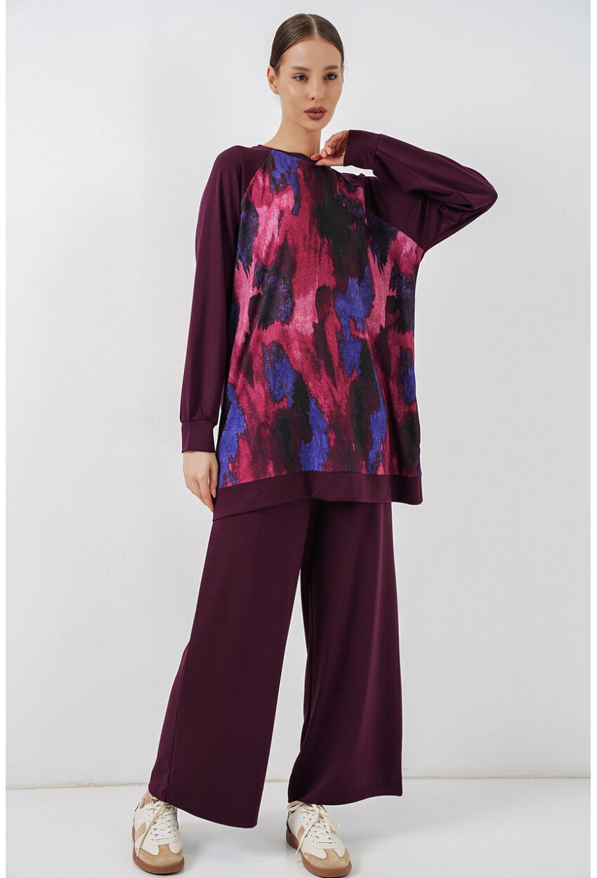 Kadın Desenli Oversize Tunik Pantolon İkili Takım 55462