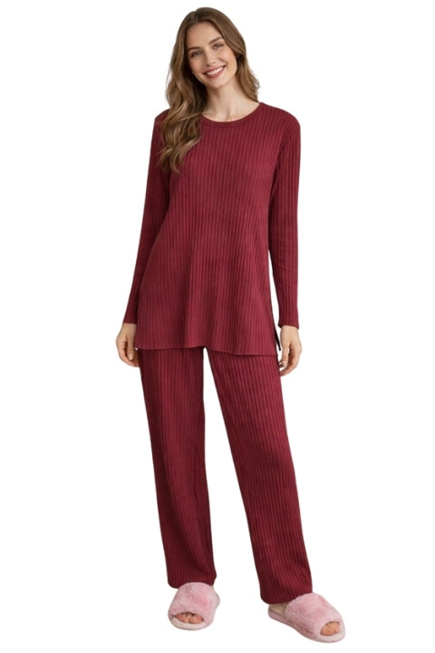 Kadın Fitilli Pijama Takım - Bordo